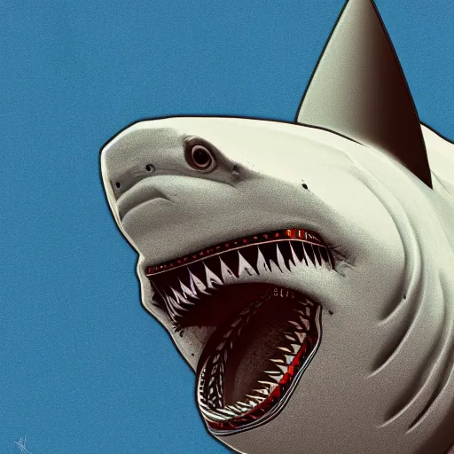 Image similar to great white shark, side view, with a silver and orange striped traffic cone construction cone on its dorsal fin, mandala background - ron cheng & alphonse mucha, highly detailed, digital painting, ray tracing, concept art, illustration, smooth sharp focus, intricate, symmetry, artstation,