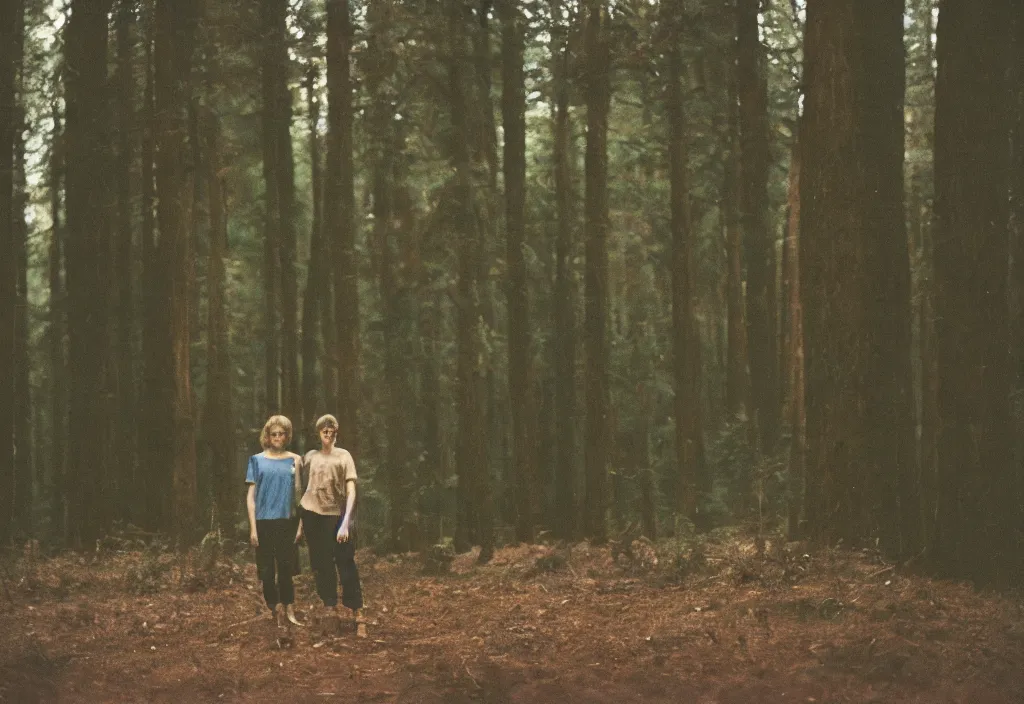 Image similar to lomo photo of two humans standing in front of a large forest cabin, cinestill, bokeh, out of focus, day, dramatic lighting