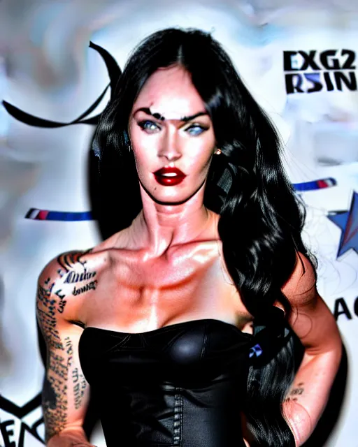 Image similar to megan fox with dark eye makeup, fancy vegas show girl in on stage, long windblown black hair octane