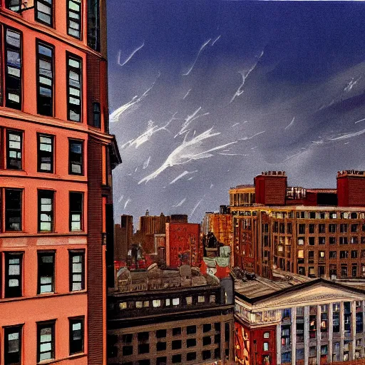 Image similar to full color ultra realistic painting of a balcony view of 1 9 2 5 boston downtown with a broken and distorted sky, dark, brooding, night, atmospheric, ultra - realistic, smooth, highly detailed