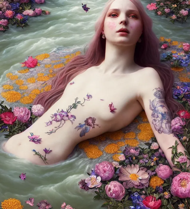 Prompt: baroque portrait of a icelandic princess of porceline skin, full body floral tattoos lying down in a river made of thousand of flowers, cinematic lighting, photorealistic, octane render, 8 k, depth of field, art by artgerm and greg rutkowski and alphonse mucha and uang guangjian