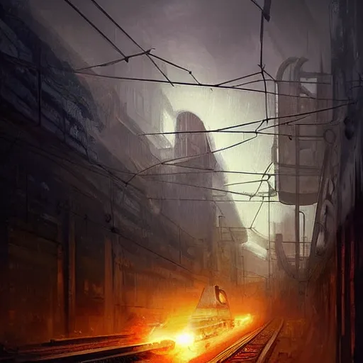 Image similar to a retrofuturistic train driving trough dystopian hellscape, long shot, lumnious, magical, atmospheric, urban concept art, backlighting, by greg rutkowski *, martin mottet, maya takamura, and william turner