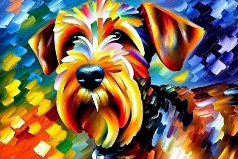 Image similar to portrait of airedale terrier. painting by leonid afremov