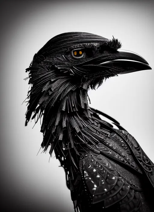 Image similar to a stunning young vegetal female crow - cyborg profile face, face is made intricate tribal bio - mechanical, editorial photography, bw, shot on 7 0 mm, depth of field, f / 2. 8, high contrast, 1 6 k, volumetric lighting, shiny, insanely detailed and intricate, hypermaximalist, elegant, ornate, hyper realistic, super detailed