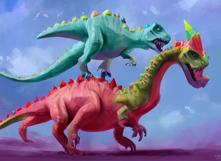 Image similar to concept design of cute candy dinosaurs for a aaa game, oil painting by eren arik and jama jurabaev, extremely detailed, brush hard, artstation, high quality, brush stroke