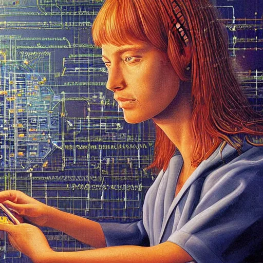 Prompt: beautiful detailed sci - fi painting of a female neuroscientist trying to understand a microprocessor and neural networks, jean giraud