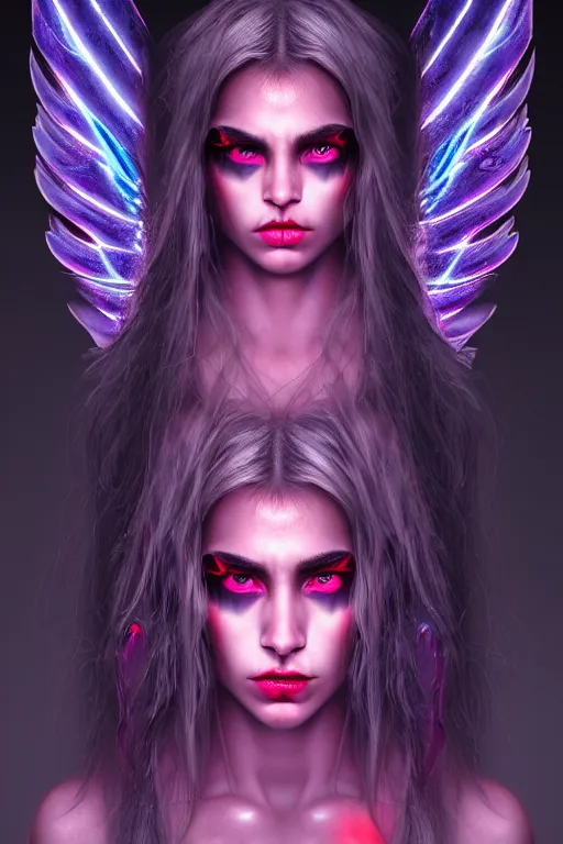 Image similar to hyper detailed ultra sharp of a beautiful face girl azazello is one of the demonic and mystical characters in the work, a negative character in biblical stories, a fallen angel who opposed the will of god. various reference for artists, facial expressions, trending on artstation, neon colors, digital art, cinematic lighting, art by god, 8 k