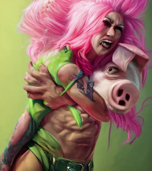 Prompt: portrait of'tomba!'with male with pink hair and green pants, attacking pig by ross tran, artgerm and wlop