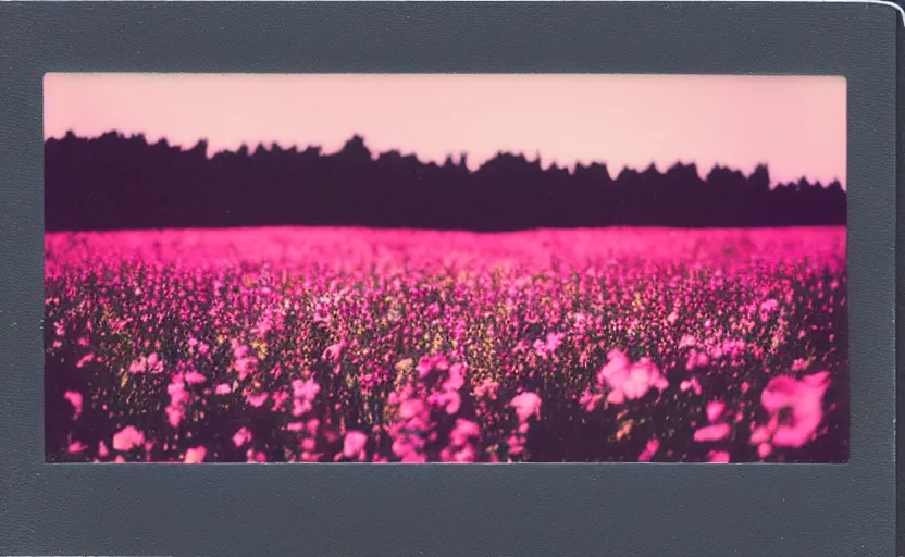 Prompt: analog polaroid of a colourful field of flowers, pink sun and light blue sky in the background, color bleed