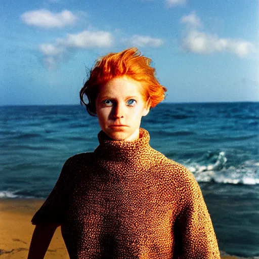 Image similar to portrait photography of a beautiful ginger model with bright blue eyes standing in front of ocean, Joel Meyerowitz, 35mm, kodak film photo