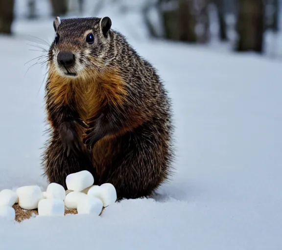 Image similar to a groundhog eating a marshmallows