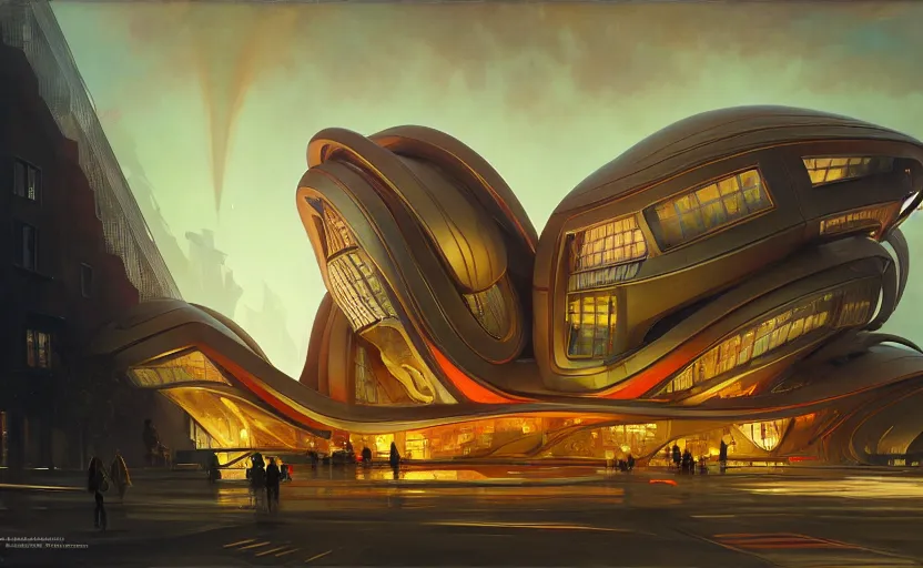 Image similar to exterior shot of utopian architecture red building with cinematic lighting by zaha hadid and renzo piano, darek zabrocki and greg ruthkowski, alphonse mucha, simon stalenhag, cinematic, stars, beautiful, holy place, paradise, scifi, futurism, atmospheric, concept art, artstation, trending on artstation