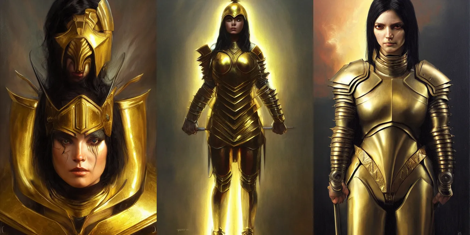 Prompt: beautiful female warrior, half body portrait, black hair, light gold armor, realistic oil painting by Thomas Cole and Wayne Barlowe and Boris Valejo