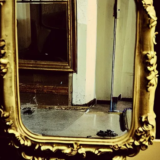 Prompt: a dirty mirror, reflecting a short, abject man, surreal