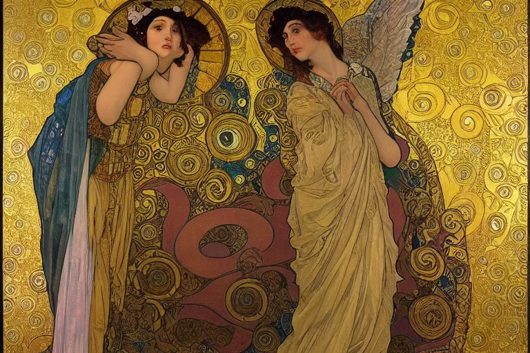 Image similar to the annunciation oil painting cross between the styles of alphonse mucha and gustav klimt gold leaf, intricate detailed,