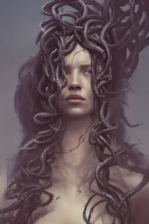 Image similar to A beuatiful portrait of medusa by Greg Rutkowski, Sung Choi, Mitchell Mohrhauser, Maciej Kuciara, Johnson Ting, Maxim Verehin, Peter Konig, Bloodborne , 8k photorealistic, cinematic lighting, HD, high details, dramatic, atmospheric , trending on artstation