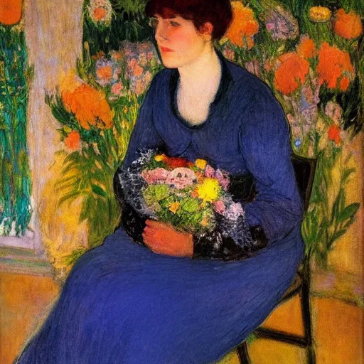 Image similar to a painting of a woman sitting in front of flowers by hermenegildo anglada camarasa, pixiv, impressionism, impressionism, chiaroscuro, pre - raphaelite