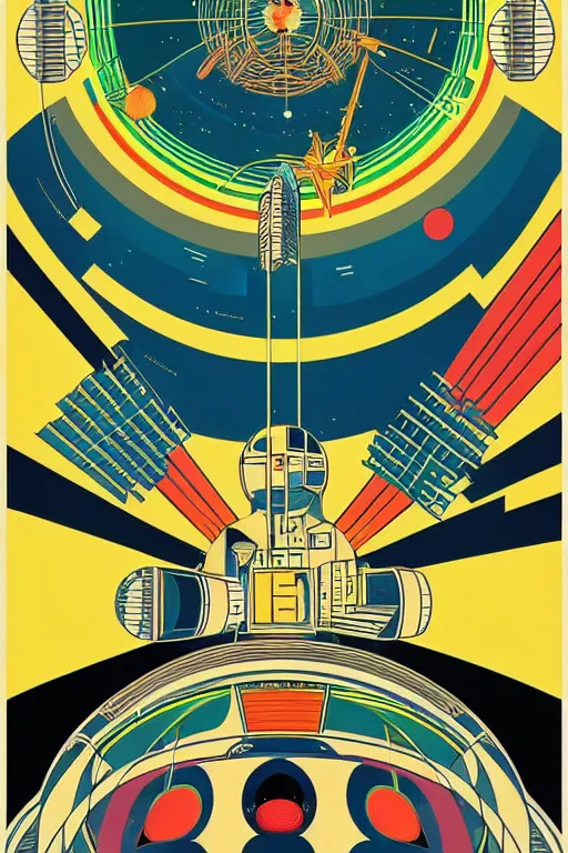 Image similar to a 6 0 s art deco poster with the interior of an international space station fuill of electronic equipment, poster art by milton glaser, kilian eng, moebius, behance contest winner, psychedelic art, concert poster, poster art, maximalist