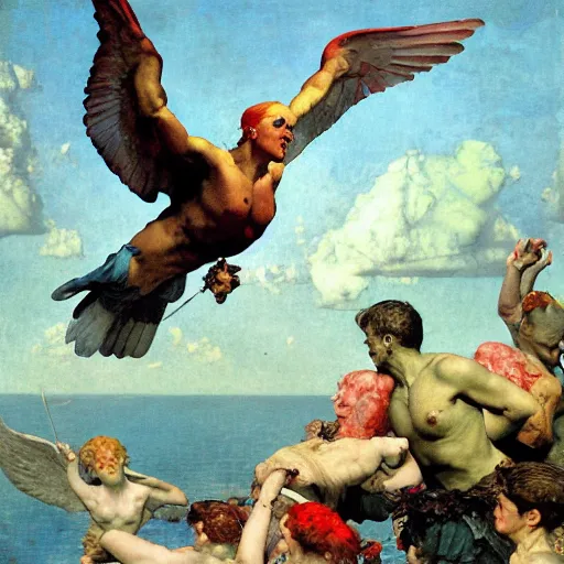 Prompt: Tragic Portrait of Waxwing Icarus the Roman Demigod Son of Dedalus wearing wax wings flying too close sun falling towards the cruel blue sea. norman rockwell peter mohrbacher guillem h. poniluppi howard pyle Ilya Repin Michelangelo Buonarotti Leonardo Da Vinci rodin greg rutkowski james gurney. tombow masterpiece fresco watercolor grisaille Trompe-lœil