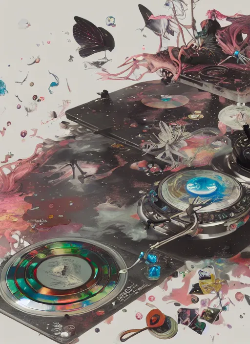 Image similar to surreal gouache painting, by yoshitaka amano, by ruan jia, by Conrad roset, by good smile company, detailed anime 3d render of a magical Vinyl Discos flying, DJ Mixer, deck surrounded by Dragonfly ,flying discos , controller, portrait, cgsociety, artstation, rococo mechanical and Digital and electronic, dieselpunk atmosphere