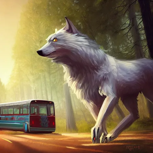 Prompt: Mythical creature - hybrid of bus and wolf, having cabin if form of wolf head and long body of bus with wheels and windows, oil on canvas, fantasy, digital painting, concept art, smooth, sharp focus, illustration, artstation trending, octane render, unreal engine, Ghibli, anime style