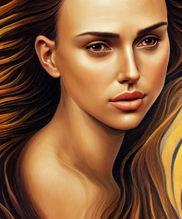 Image similar to half Nathalie portman half jessica alba portrait by Sandro Botticelli, sci-fi, amber eyes, beautiful face, appealing long hair, fantasy, intricate, elegant, highly detailed, digital painting, artstation, concept art, smooth, sharp focus, oil painted illustration by Sandro Botticelli