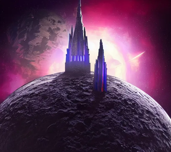 Prompt: planet with a gigantic gothic tower extending out of its atmosphere, epic megastructure. beautiful, realistic, massive, space, fantasy scene, futuristic and iridescent crystals