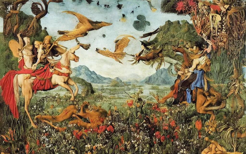 Prompt: a portrait photograph of a meditating harpy and a centaur king riding eagles and hunting at a river delta. surrounded by bulbous flowers, animals and trees. mountains range under a blue sky of burning stars. by jan van eyck, max ernst, ernst haeckel, ernst fuchs and artgerm, artstation, daily deviation, 8 k