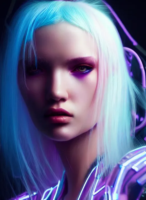 Image similar to photorealistic portrait of female humanoid, cyber neon lights, highly detailed, cyberpunk haute couture fashion, elegant, crispy quality, trending in artstation, trending in pinterest, glamor pose, no signature, no watermark, cinematic, art by artgerm and pascal blanche