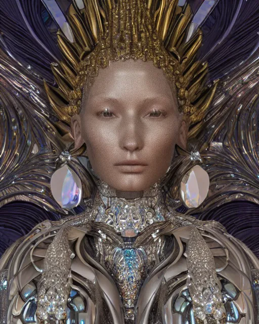 Image similar to a highly detailed metahuman 4 k close up render of an alien goddess bella hadid monument in iris van herpen dress schiaparelli in diamonds crystals swarovski and jewelry iridescent in style of alphonse mucha gustav klimt trending on artstation made in unreal engine 4