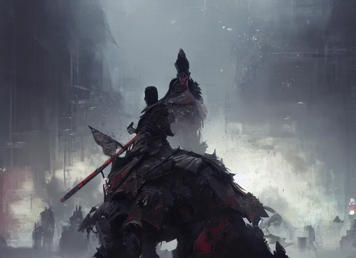 Image similar to samurai is on his knees, there is chaos around, volumetric lighting, digital painting, highly detailed, artstation, sharp focus, illustration, concept art, ruan jia, steve mccurry, amazing composition, gothic arch frame