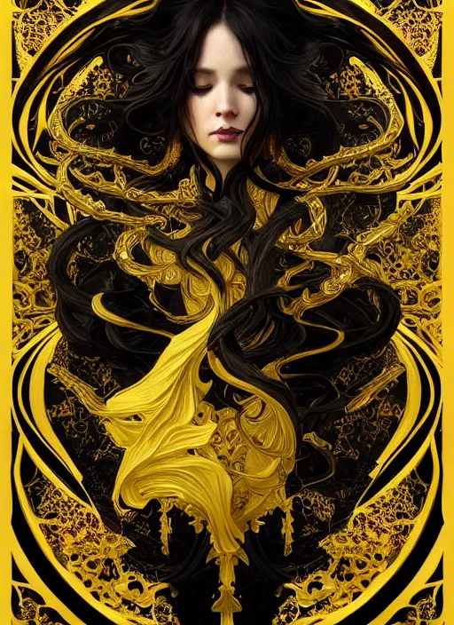 Image similar to beautiful black yellow, complicated gold the baroque style decoration, dark fantasy, intricate, elegant, highly detailed, digital painting, artstation, concept art, matte, 3 d 8 k octane rendered, sharp focus, illustration, octane rendered, art by artgerm and alphonse mucha, leesha hannigan, ross tran