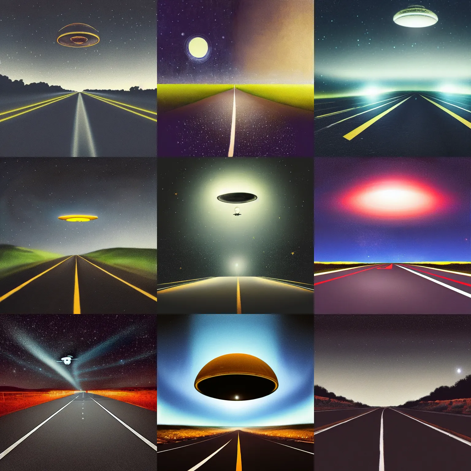 Prompt: “painting of realistic UFO at night, over a long empty road, dim street lights, black sky, beam of light, cinematic lighting, detailed, 4k, hyperrealistic, focused, cinematic”