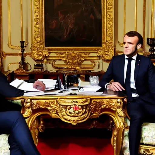 Prompt: Emmanuel Macron having a meeting with antropomorphic reptiles, antropomorphic reptiles, dramatic lighting, photography, masterpiece