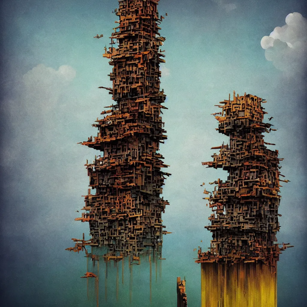 Prompt: single flooded simple wooden tower, very coherent and colorful high contrast!! masterpiece by rene magritte simon stalenhag alberto seveso, minimalist, dark shadows, sunny day, hard lighting