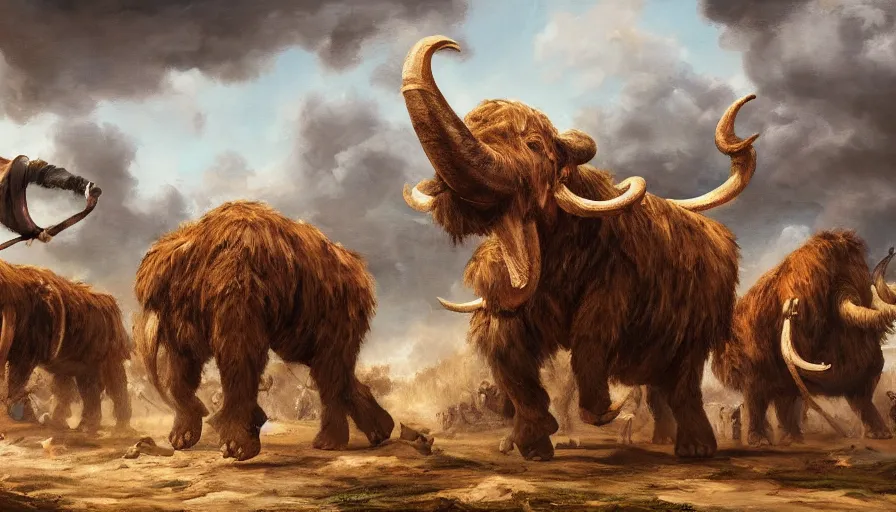 Prompt: wide scene of cavemen riding wooly mammoths into battle, academic style painting, full resolution