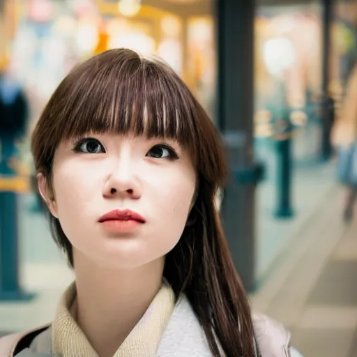 Prompt: a closeup portrait of woman walking in mall alone in style of 1990s, street photography seinen manga fashion edition, focus on face, eye contact, tilt shift style scene background, soft lighting, Kodak Portra 400, cinematic style, fish-eye camera, telephoto