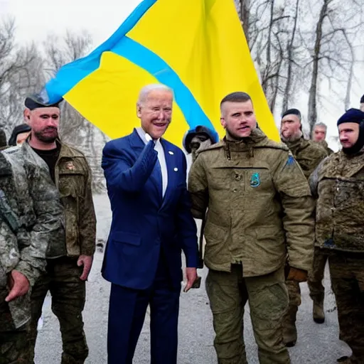 Image similar to Joe Biden is with the azov battalion in Ukraine War holding a ukrainian flag