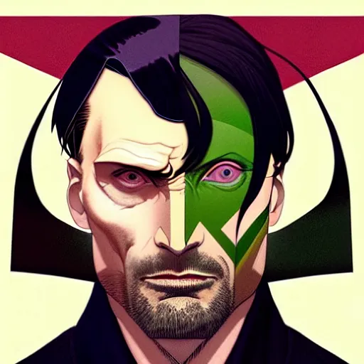 Prompt: Joshua Middleton comic art, wide shot, handsome elegant male Mads Mikkelson, spy, kabuki mask, beautiful evil sneer, symmetrical face, symmetrical eyes, leather clothing and boots, long straight green black hair, full body, Indigo occult pattern