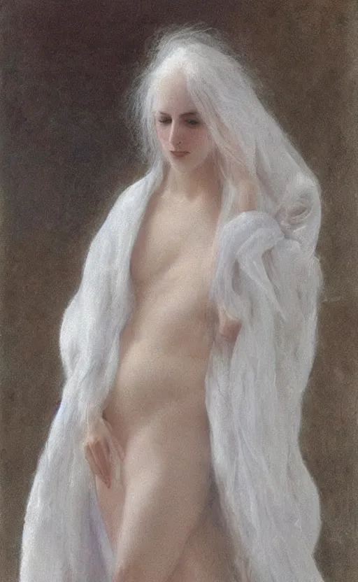 Prompt: say who is this with silver hair so pale and wan! and thin? flowing hair covering front of body, white robe, white dress!! of silver hair, covered!!, clothed!! lucien levy - dhurmer, fernand keller, oil on canvas, 1 8 9 6, 4 k resolution, aesthetic, mystery