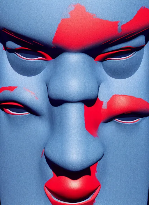 Image similar to a close up of a red mans face with blue eyes, an album cover by jacob toorenvliet, featured on behance, cubo - futurism, rendered in cinema 4 d, sketchfab, rendered in maya, red shift, synthwave, by enguerrand quarton, by alesso baldovinetti, 3 d render, holography,