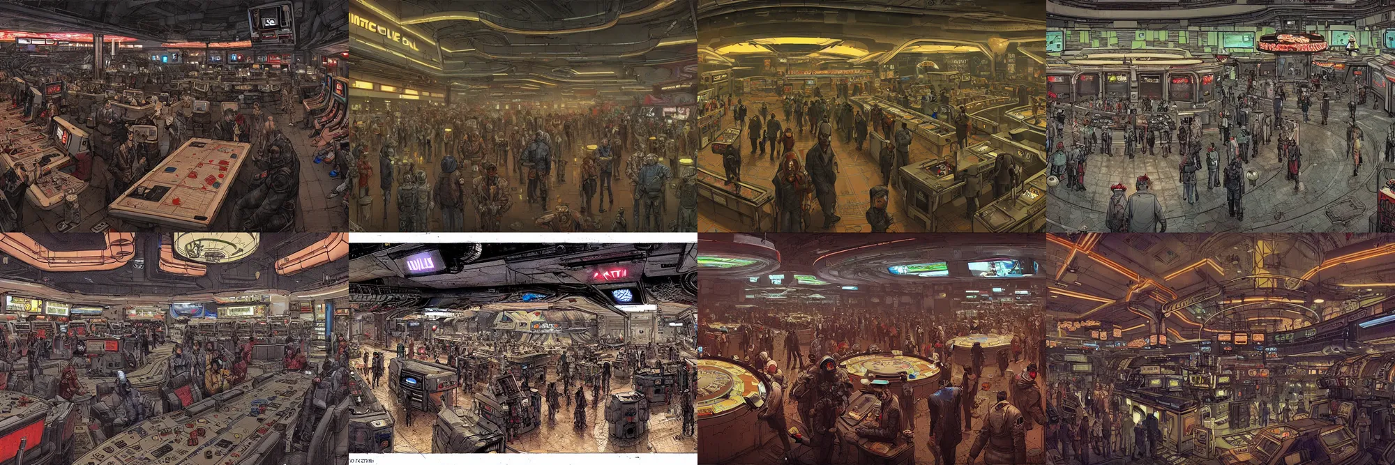 Prompt: inside a bustling cyberpunk casino on mars, filled with people, robots, cyborgs, aliens, by enki bilal, lineart