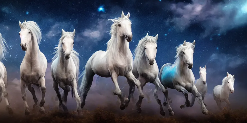 Image similar to a group of cyan spectral ghostly translucent horses with riders fly overhead in the starry twilight sky, high detail, sharp, digital art