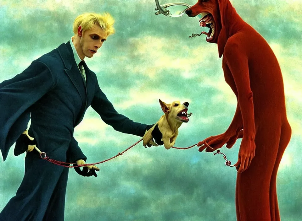 Image similar to realistic detailed portrait movie shot of an elegant blond male vampire with a barking doberman on a leash, sci fi landscape background by denis villeneuve, amano, yves tanguy, alphonse mucha, max ernst, roger dean, masterpiece, rich cold moody colours, dog teeth, blue eyes