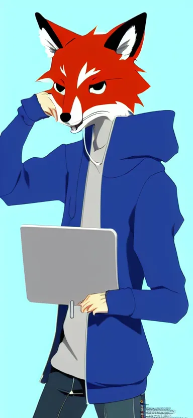 Image similar to an anime art of anthropomorphic fox in a blue hoodie hacking a portable computer, artstation, digital art, oc commission, style by riot team, high detailed, stylised