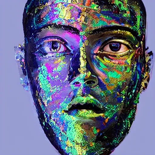Prompt: a (((((((!!!!!!!holographic!!!!!!!))))))) human robotic head made of glossy iridescent, Face, Palette Knife Painting, Acrylic Paint, Dried Acrylic Paint, Dynamic Palette Knife Oil Paintings, Vibrant Palette Knife Portraits Radiate Raw Emotions, Full Of Expressions, Palette Knife Paintings by Francoise Nielly, Beautiful, Beautiful Face, Studio, Beautiful STUDIO face, surrealistic 3d illustration of a human face non-binary, non binary model, 3d model human, cryengine, made of holographic texture, holographic material, holographic rainbow, concept of cyborg and artificial intelligence, Black Background, Black Color Background,