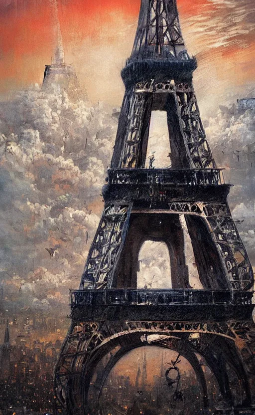 Image similar to twilight eiffel tower, jpeg artefacts on canvas, by seb mckinnon and james gurney and greg rutkowski, highly detailed, amazing, perfect lighting