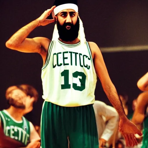 Image similar to facial portrait of osama bin laden shooting free throws, boston celtics jersey, wearing a headband, sweating, focused