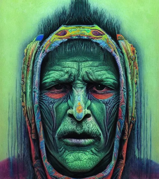 Image similar to Portrait painting in a style of Beksinski mixed with Alex Grey of an old shaman dressed in a colorful traditional clothes.