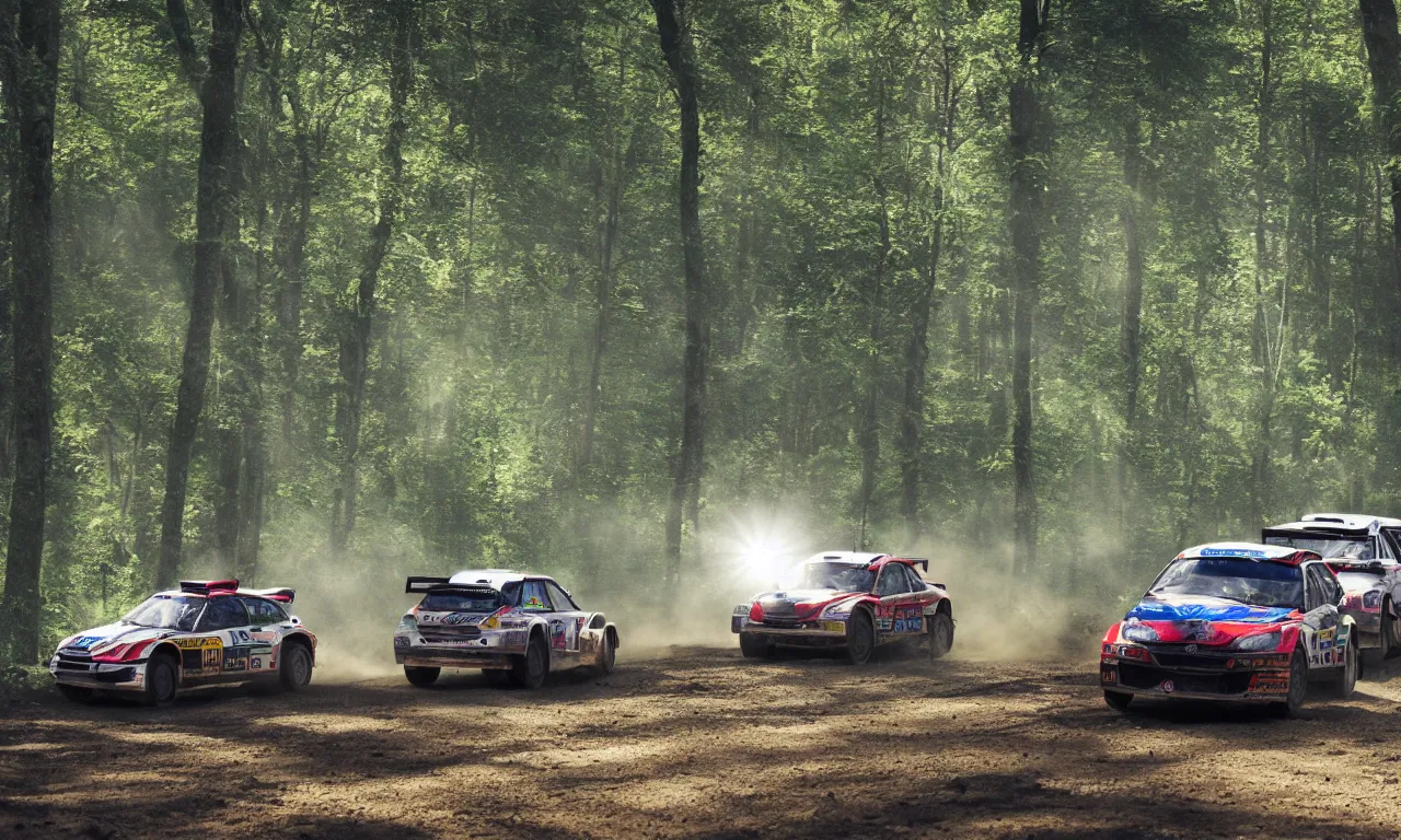 Prompt: 3 rally cars racing through a forest with a river behind them, sun shining through the trees, pencil sketch motion blur high detail ultra realistic 8k,